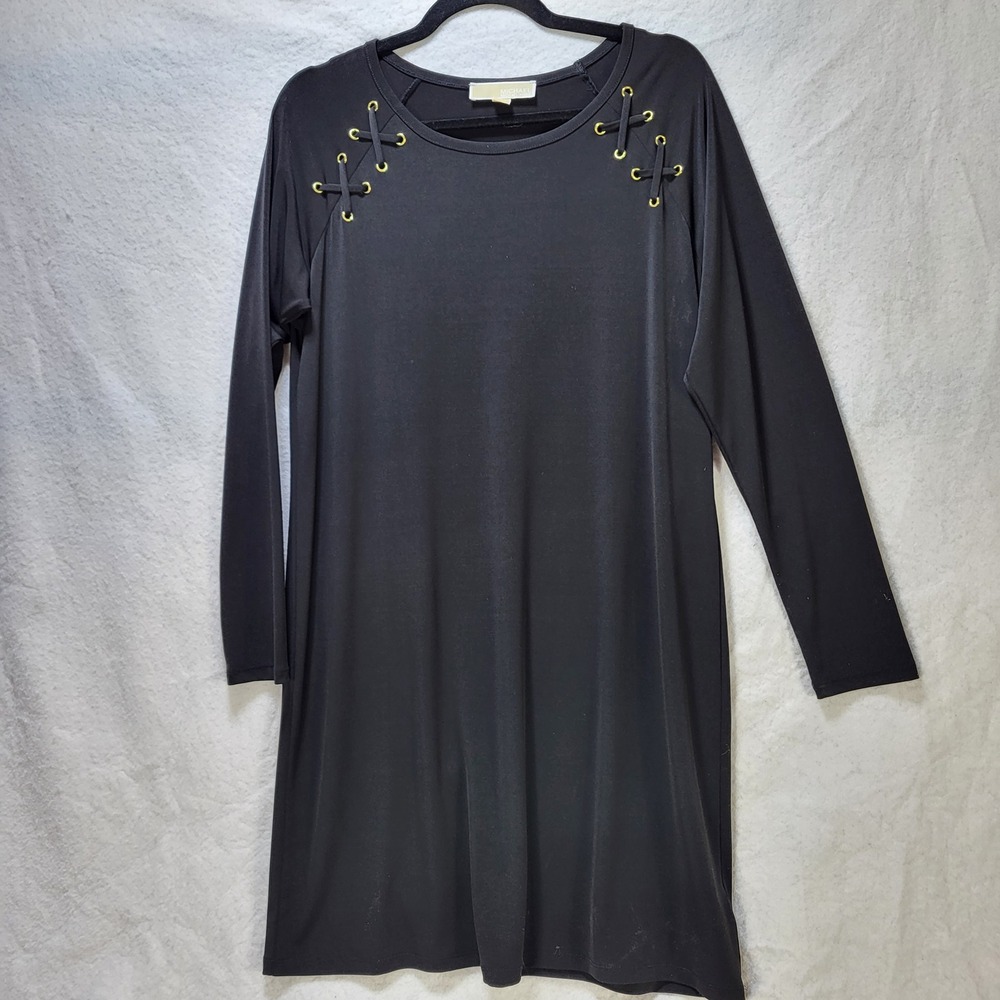 Michael Kors Black Long Sleeve Tunic Dress Gold Grommet Lace Up Shoulder Large
